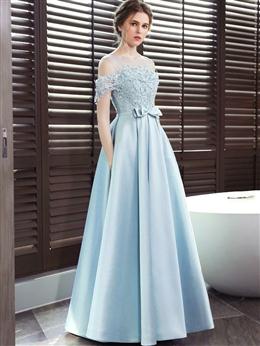 Picture of Blue Satin A-line Lace Off Shoulder Floor Length Party Dresses, Blue Prom Dresses Evening Dresses